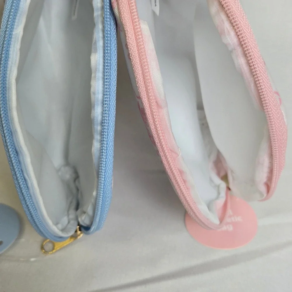 Set of 2 Floral Travel Cosmetic Zipper Pouches White Blue Pink 5.5